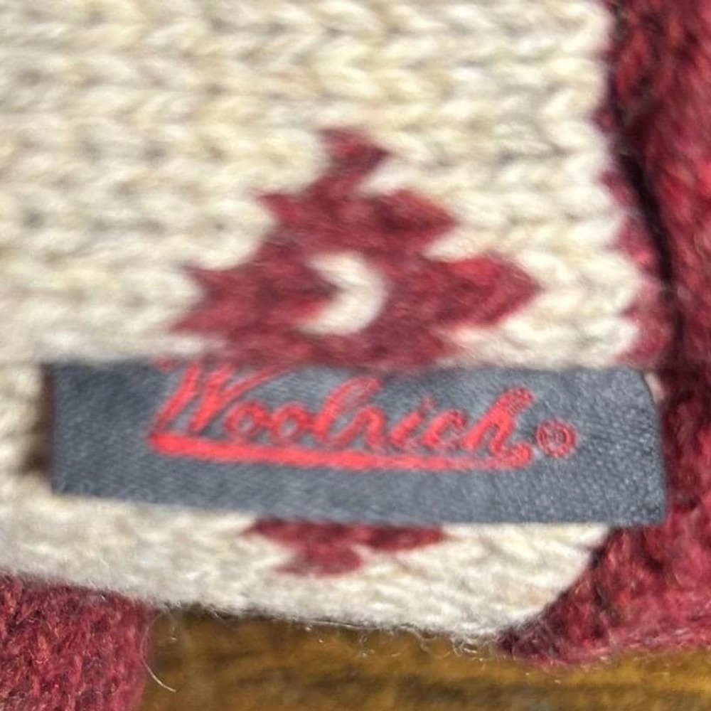 Woolrich Women Burgundy Tan Fair Isle Reindeer Zipper Sweater Large Merino Wool - Picture 6 of 6